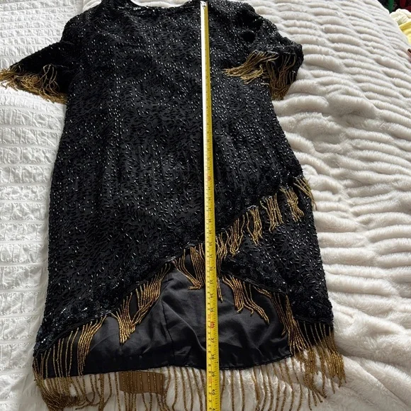 Vintage Silk Lori Ann Elegant Black and Gold Sequin Fringe Dress - Picture 13 of 14